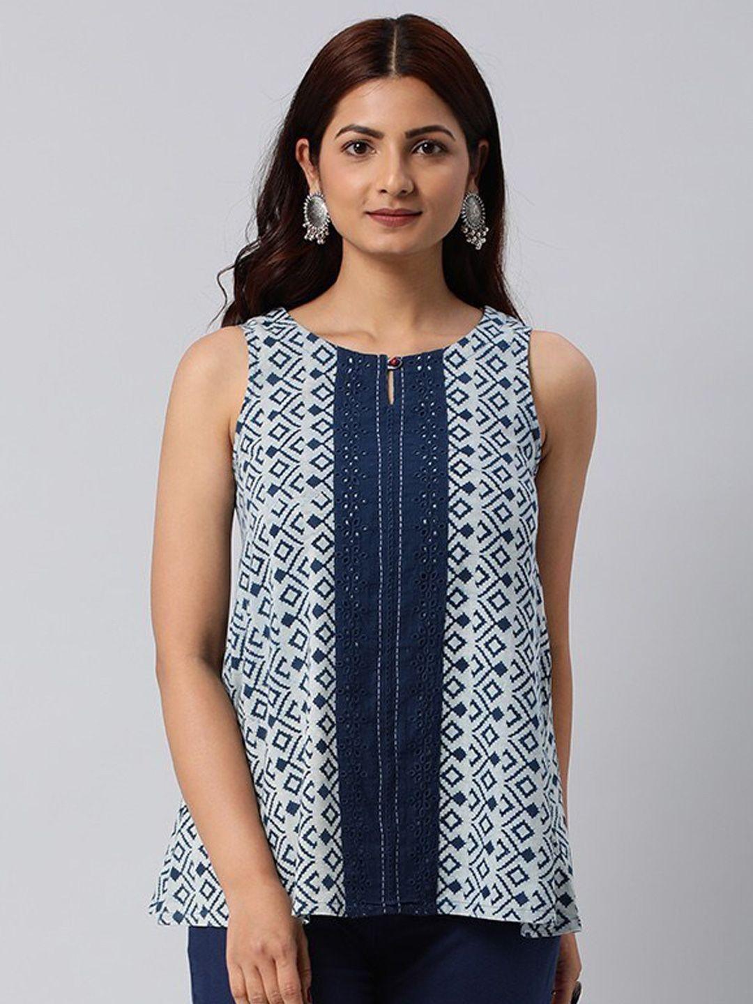 kami kubi blue & white geometric print cotton top