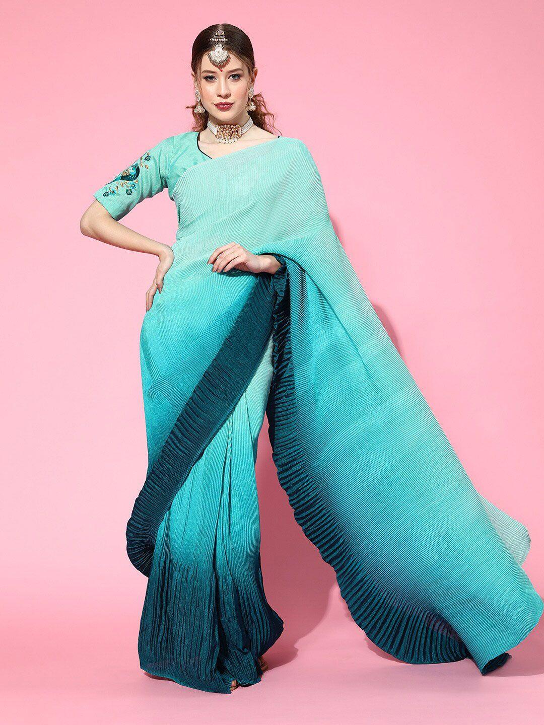 mitera blue ombre silk blend pleated saree