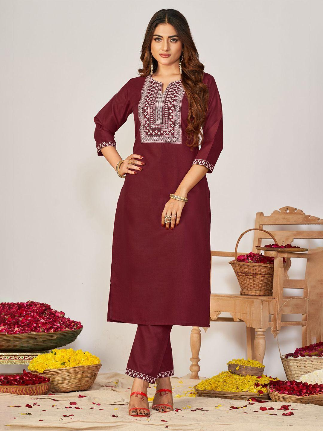 kalini women maroon ethnic motifs embroidered regular patchwork kurta with trousers