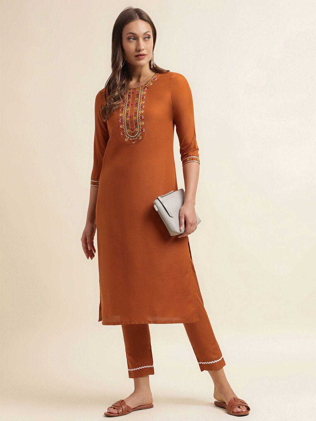 kalini floral embroidered thread work straight kurti with trousers