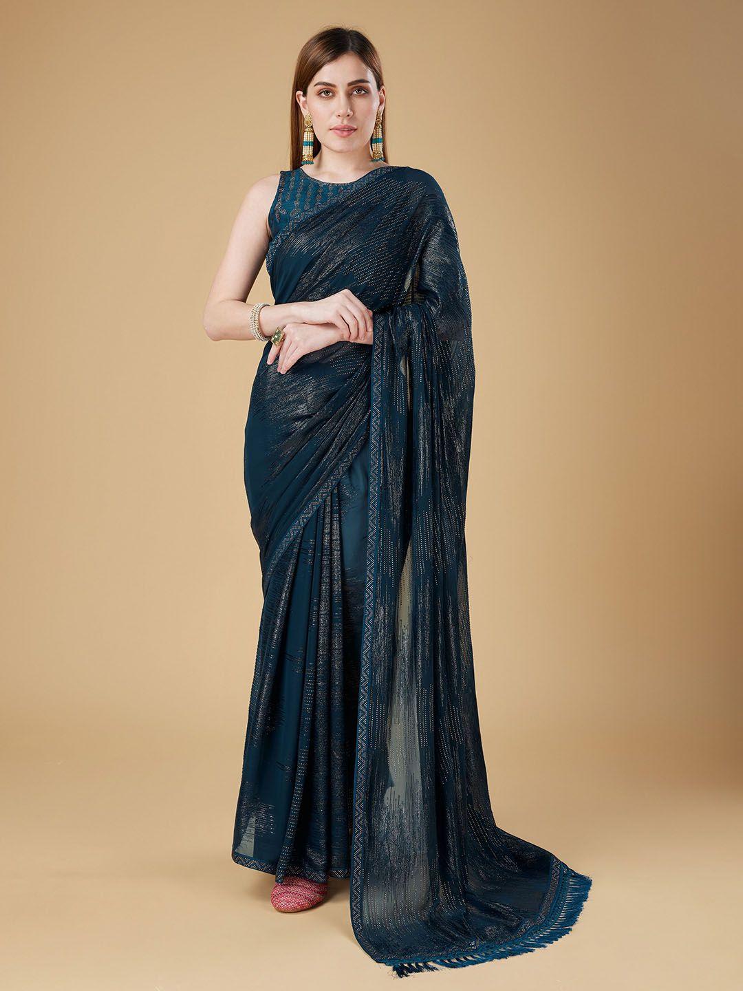 trendmalls woven design striped embellished leheriya beads and stones saree