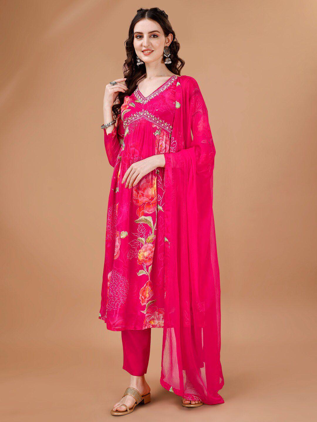 seerat women magenta ethnic motifs printed regular thread work silk chiffon kurti with trousers & with