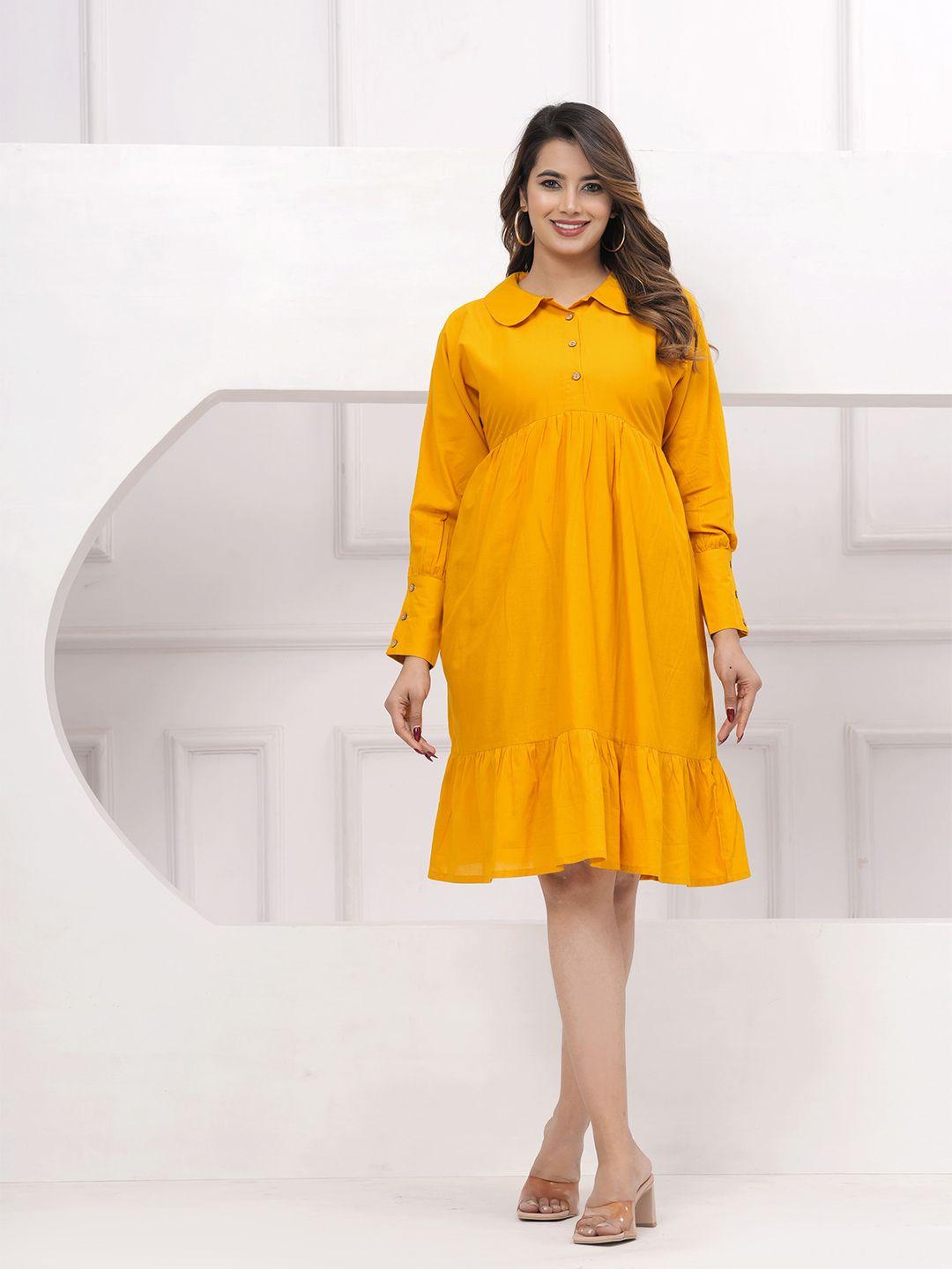 hatheli yellow puff sleeve fit & flare midi dress