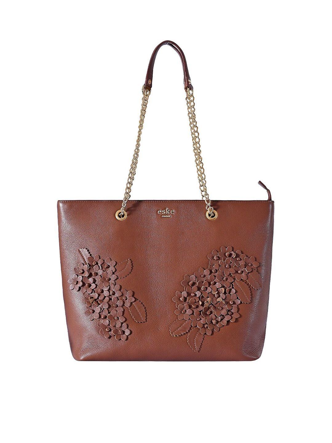 eske brown floral leather tote bag with cut work