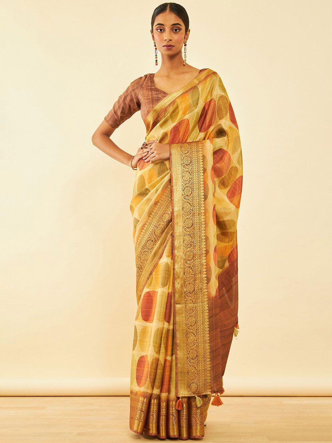 soch mustard geometric printed zari woven design tussar saree