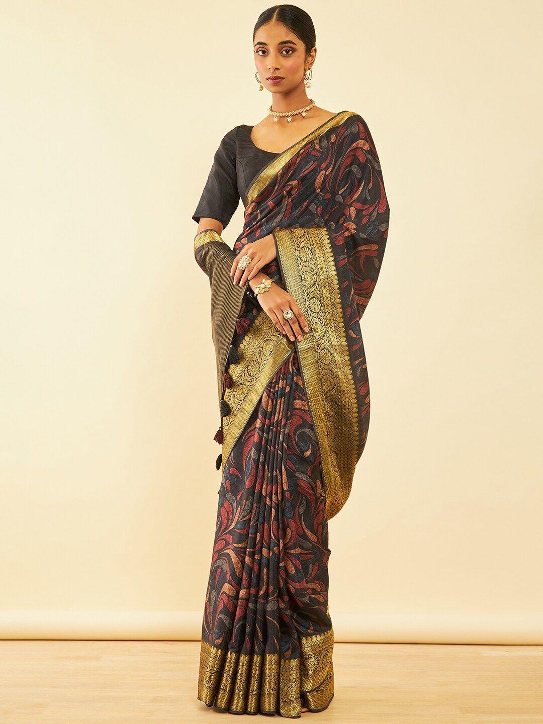 soch charcoal floral printed zari woven design tussar saree