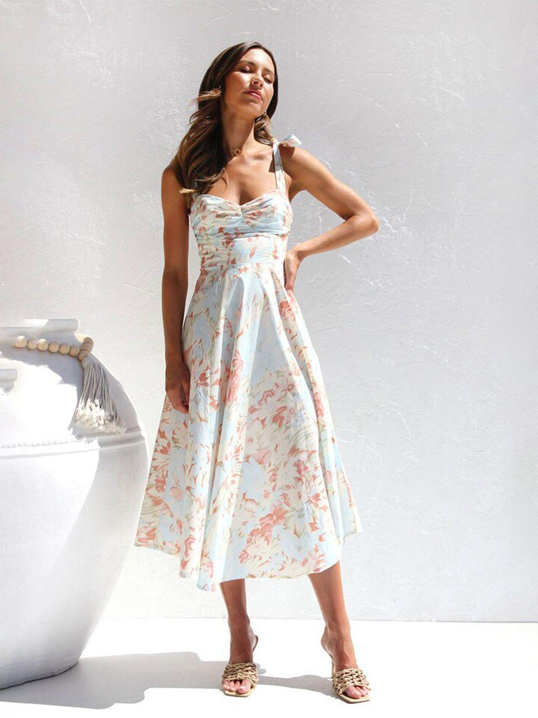 stylecast floral printed round neck fit and flare midi dresses