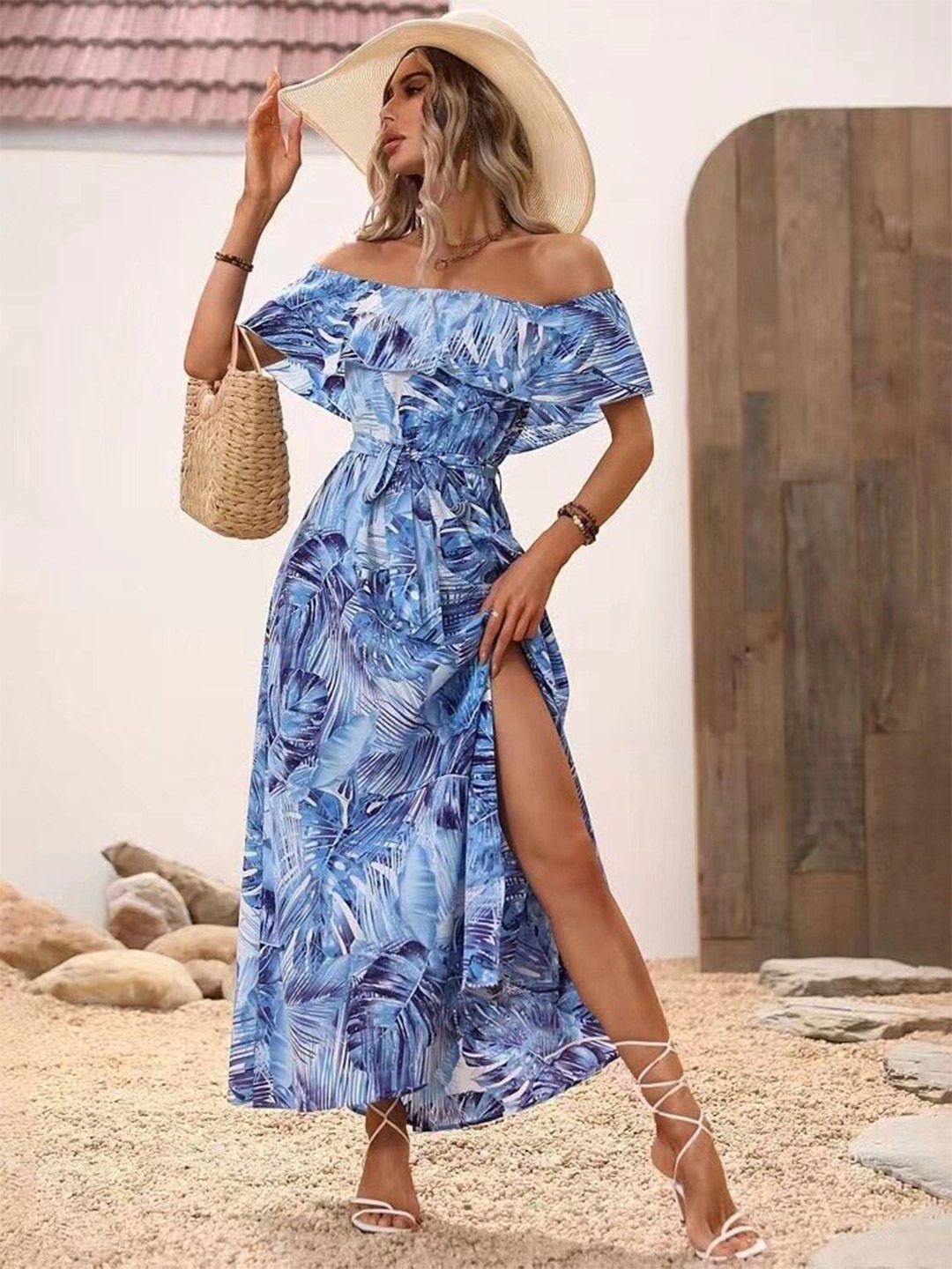 stylecast blue & purple floral printed off-shoulder flutter sleeve maxi dress