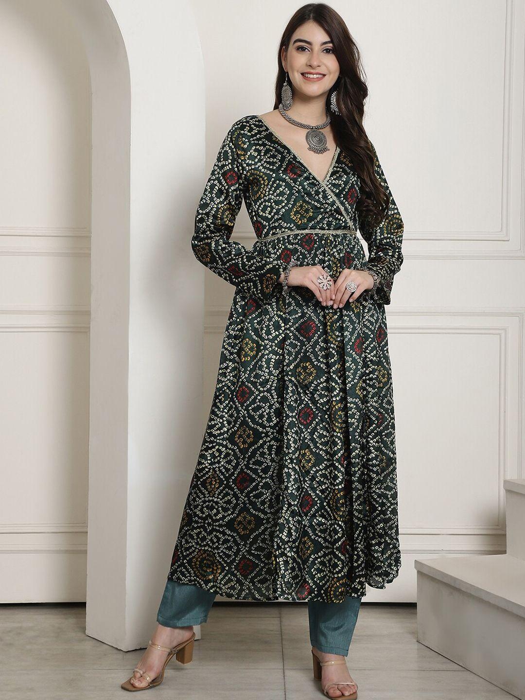 neudis abstract printed v-neck anarkali kurta for timeless grace