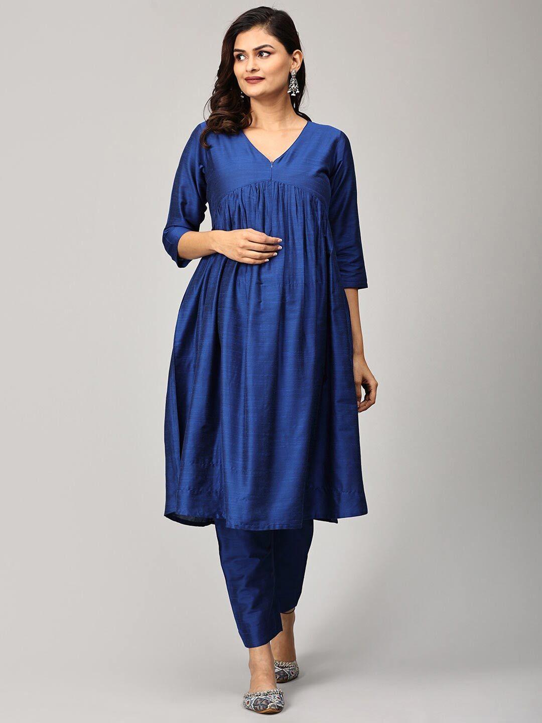 the mom store maternity raw silk v-neck anarkali kurta with palazzos