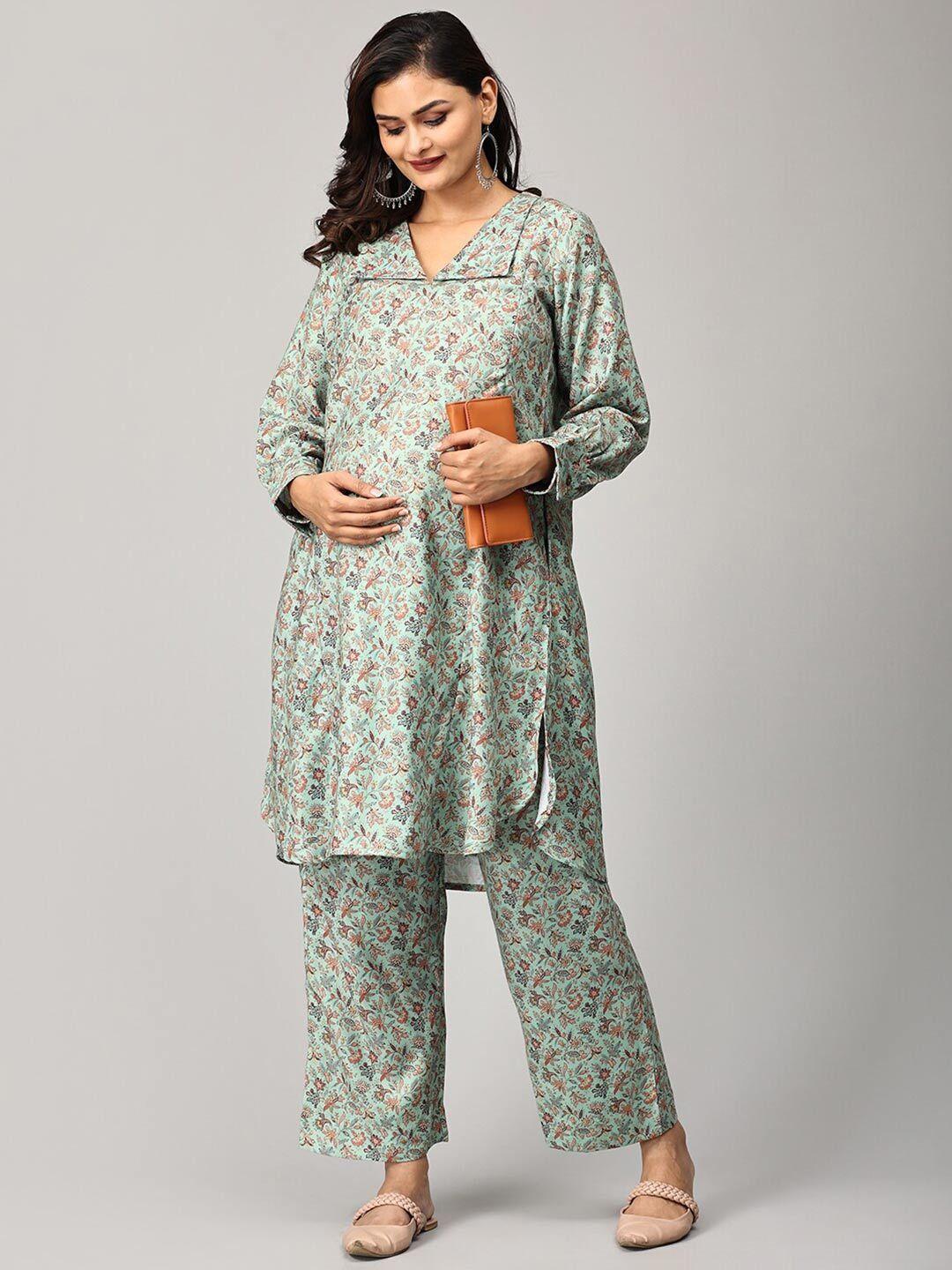 the mom store floral printed cotton v-neck maternity straight kurta with palazzos