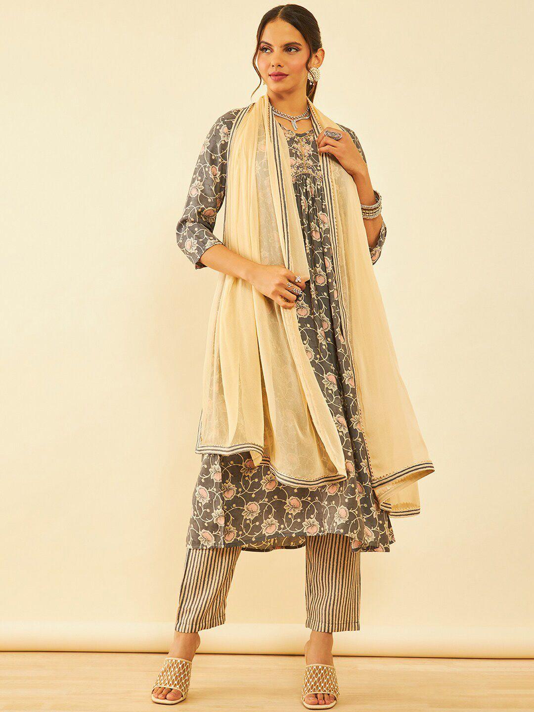 soch women charcoal floral printed sequinned kurta with trousers & with dupatta