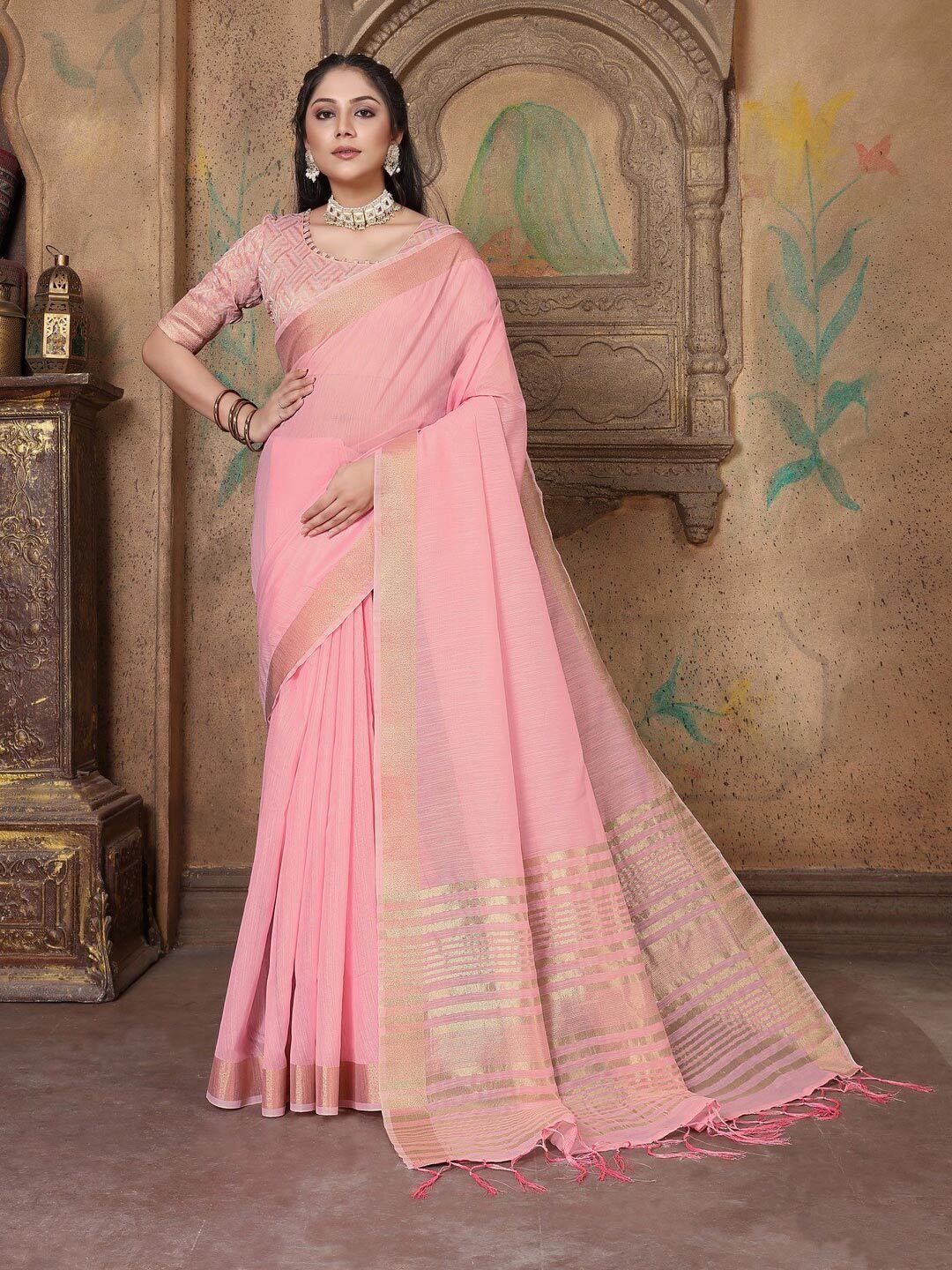 gajarai pink zari pure linen saree