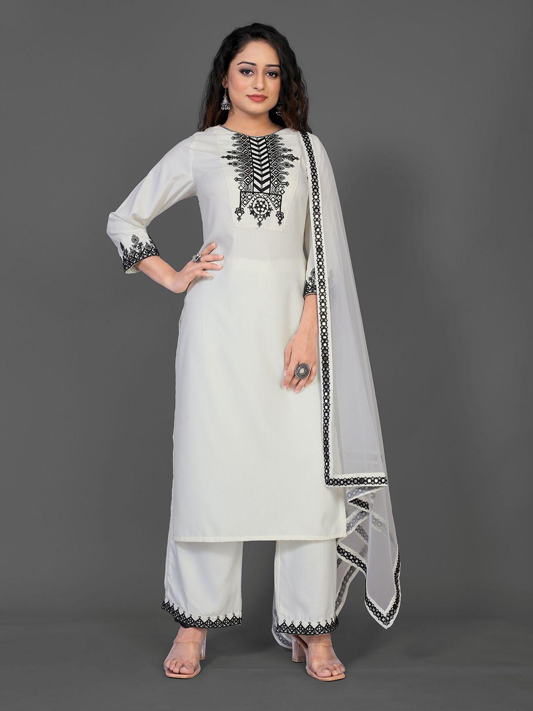 kalini embroidered round neck straight kurta & trousers with dupatta