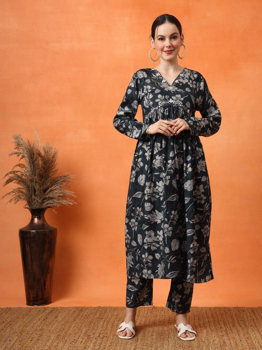 anouk floral embroidered pleated mirror work kurta with trousers