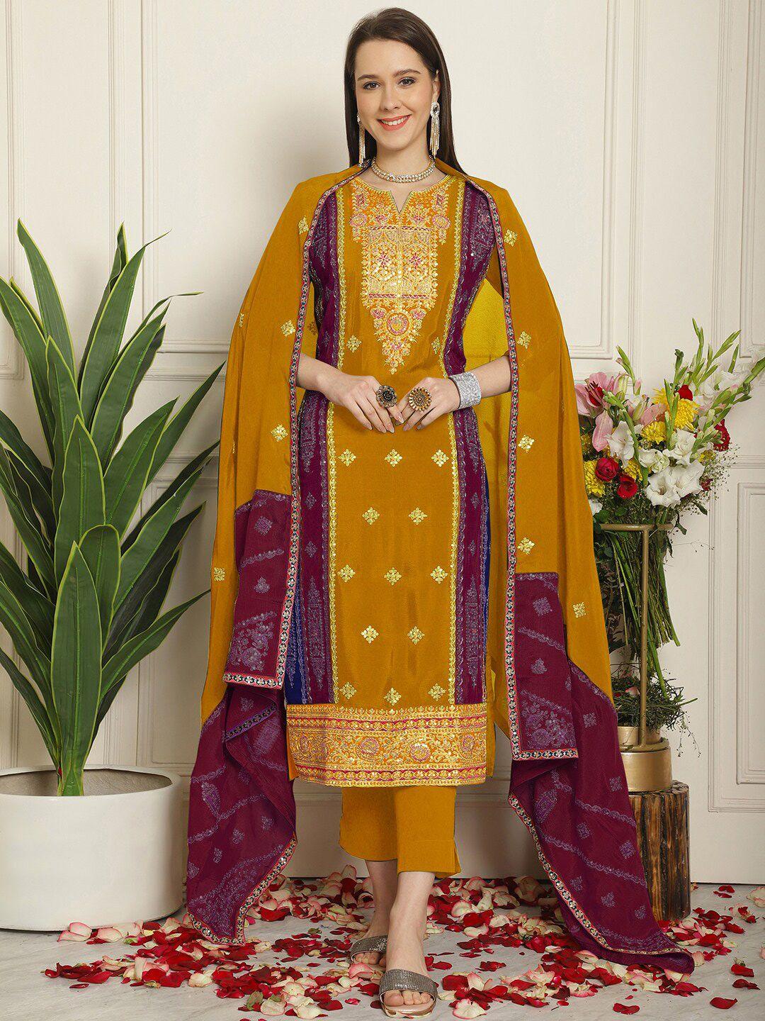 stylee lifestyle mustard embroidered silk chiffon unstitched dress material