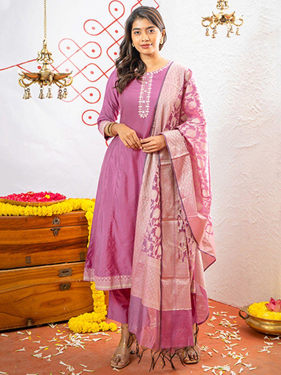 maybell embroidered a-line kurta with churidar & dupatta