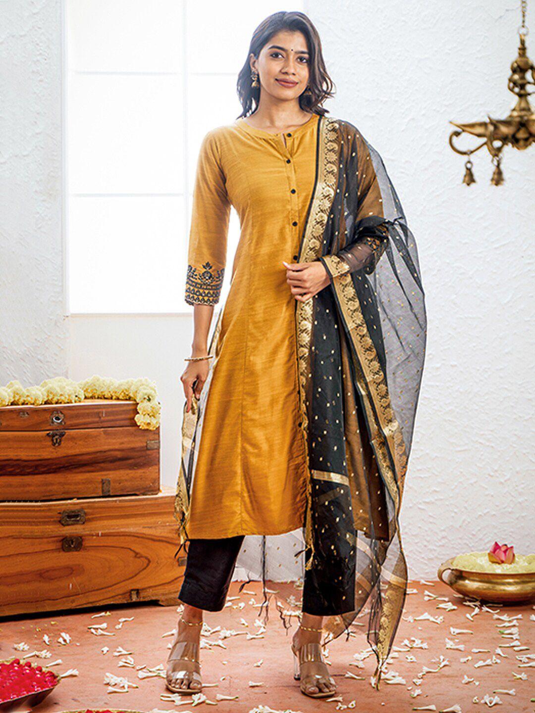 maybell ethnic embroidered straight pure silk kurta with churidar & dupatta