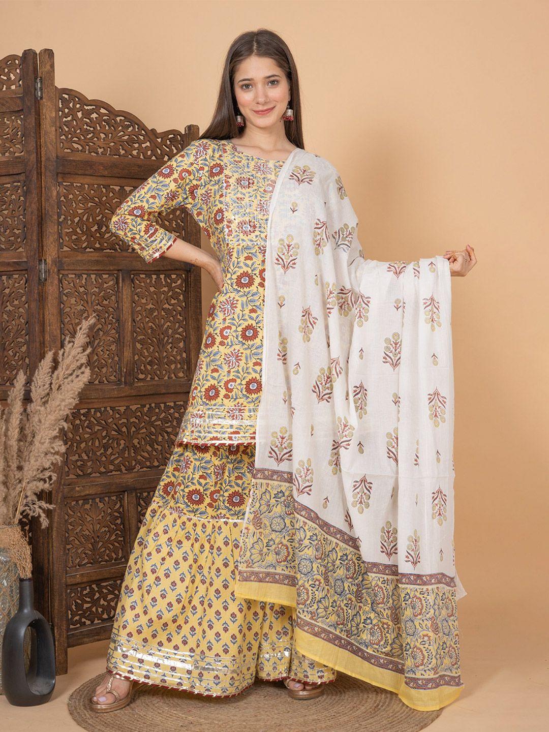 meera fab floral printed gotta patti pure cotton anarkali kurta with sharara & dupatta