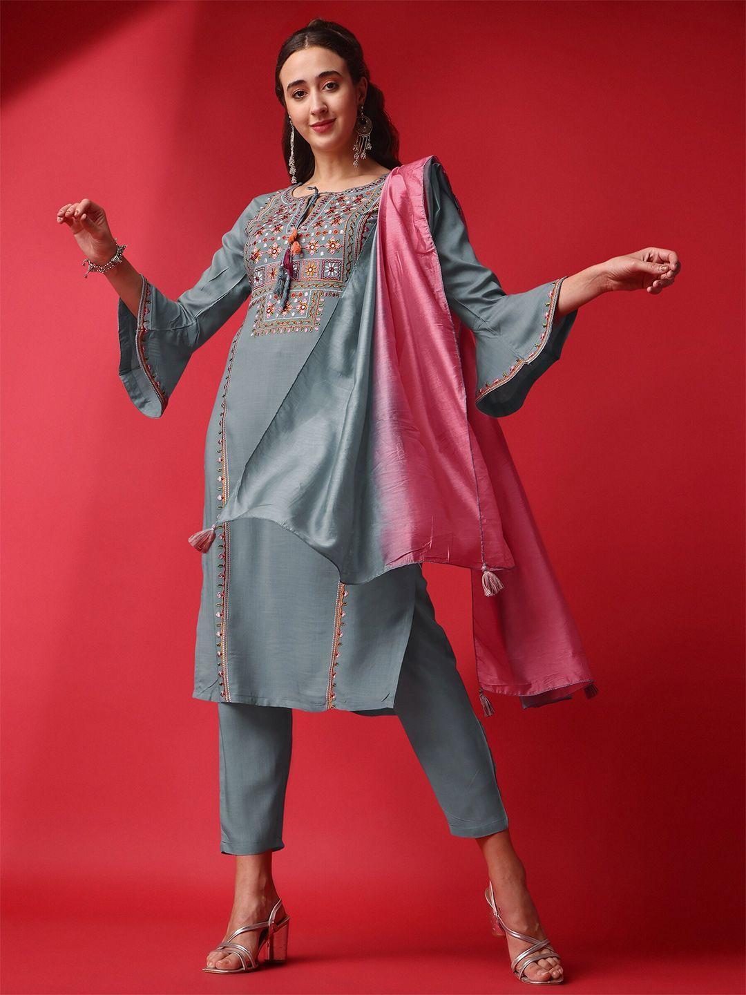 niza fashion embroidered straight kurta with trousers & dupatta