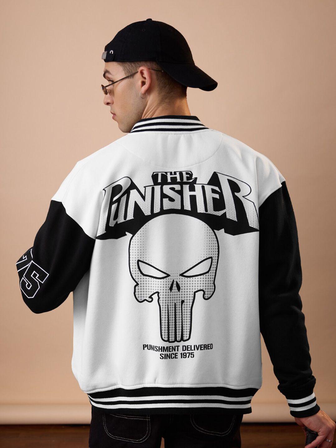 the souled store white punisher printed lightweight varsity jacket