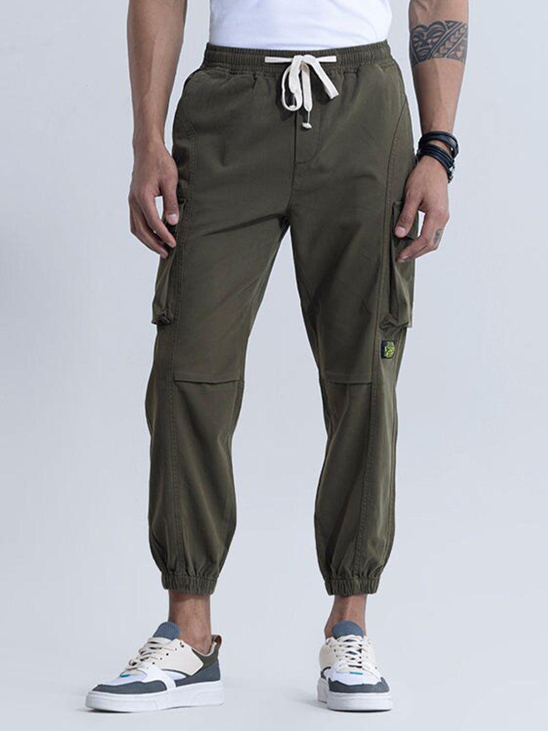 snitch men olive green smart loose fit cotton cargos