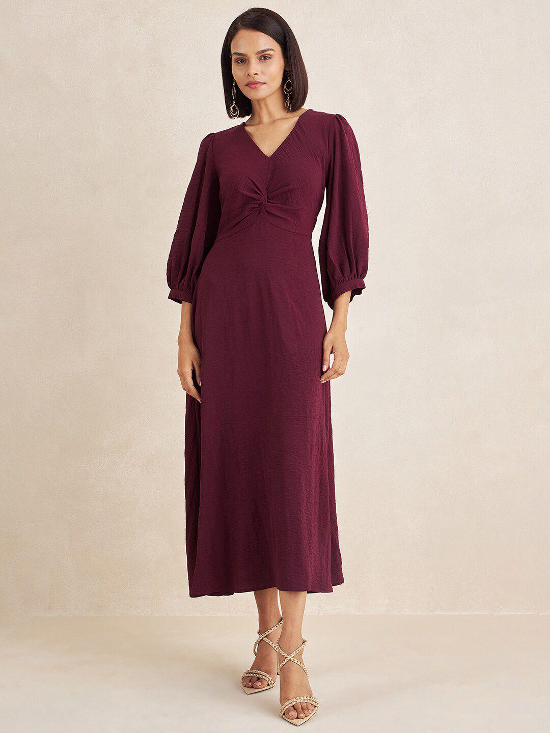 femella maroon front twisted puff sleeve maxi dress