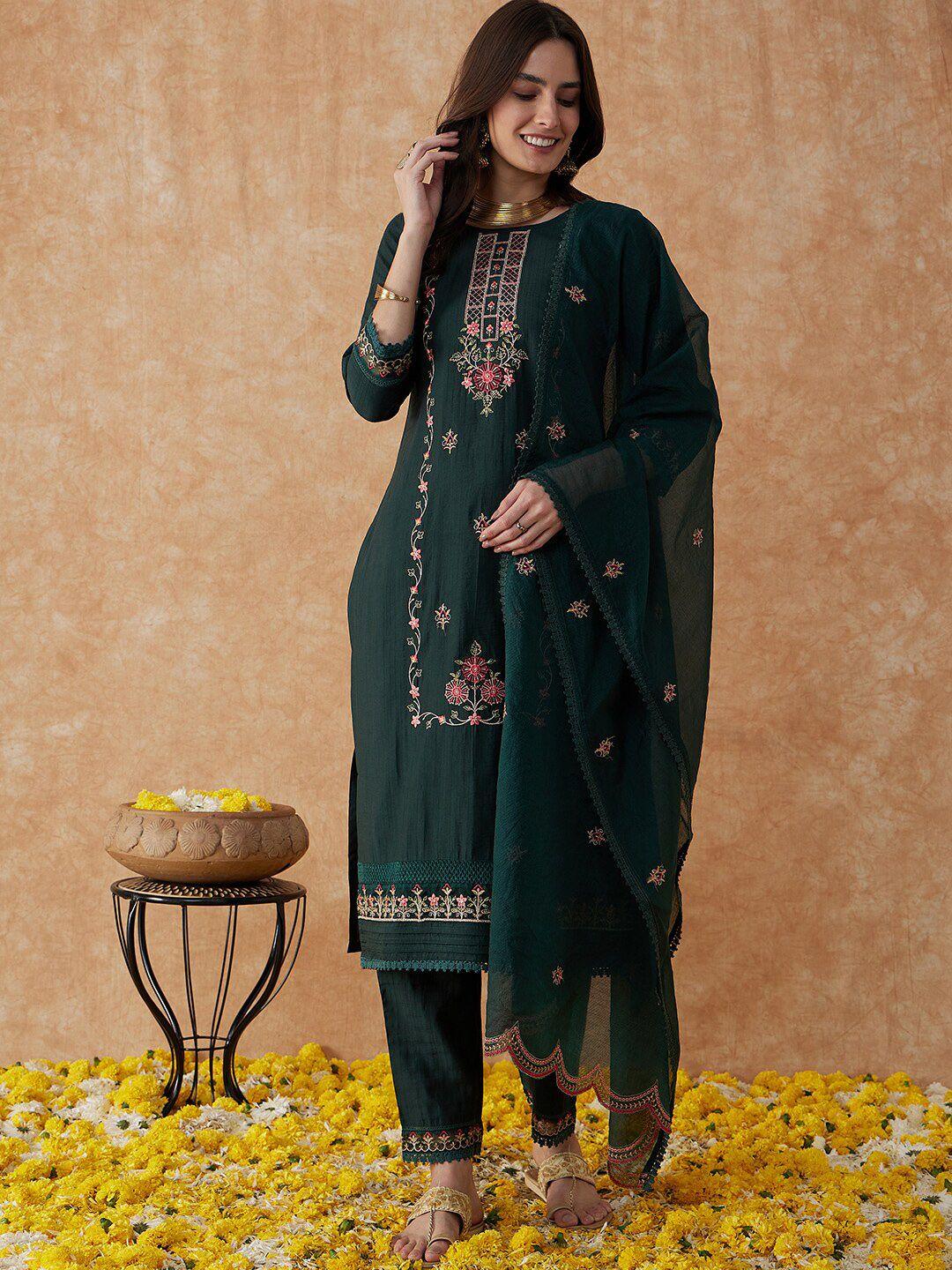 sangria round neck floral embroidered straight kurta with trouser & dupatta