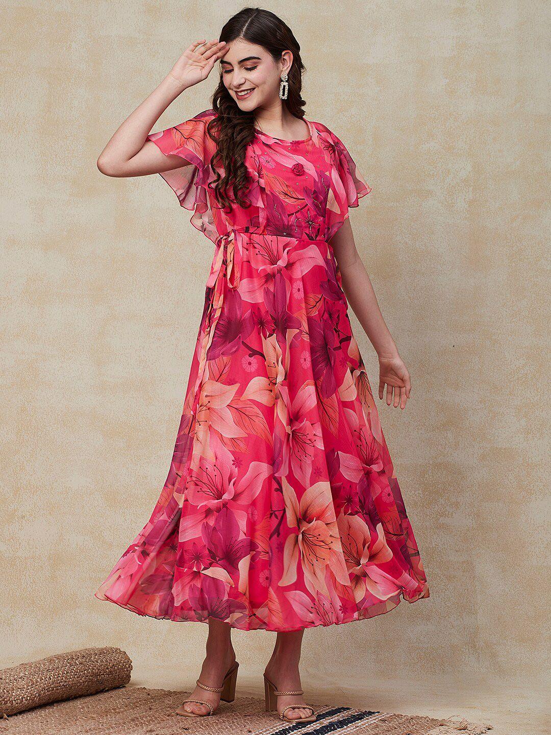 fashor floral printed flared sleeve chiffon fit and flare maxi dress