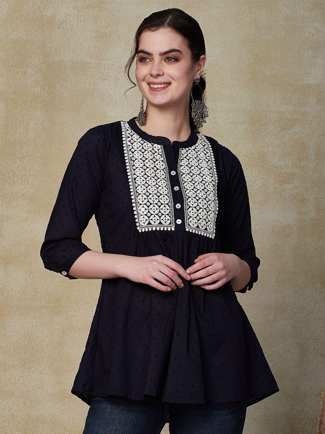 fashor embroidered mirror work pure cotton mandarin collar kurti