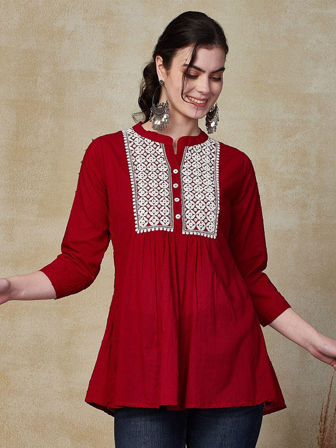 fashor embroidered mirror work pure cotton mandarin collar kurti