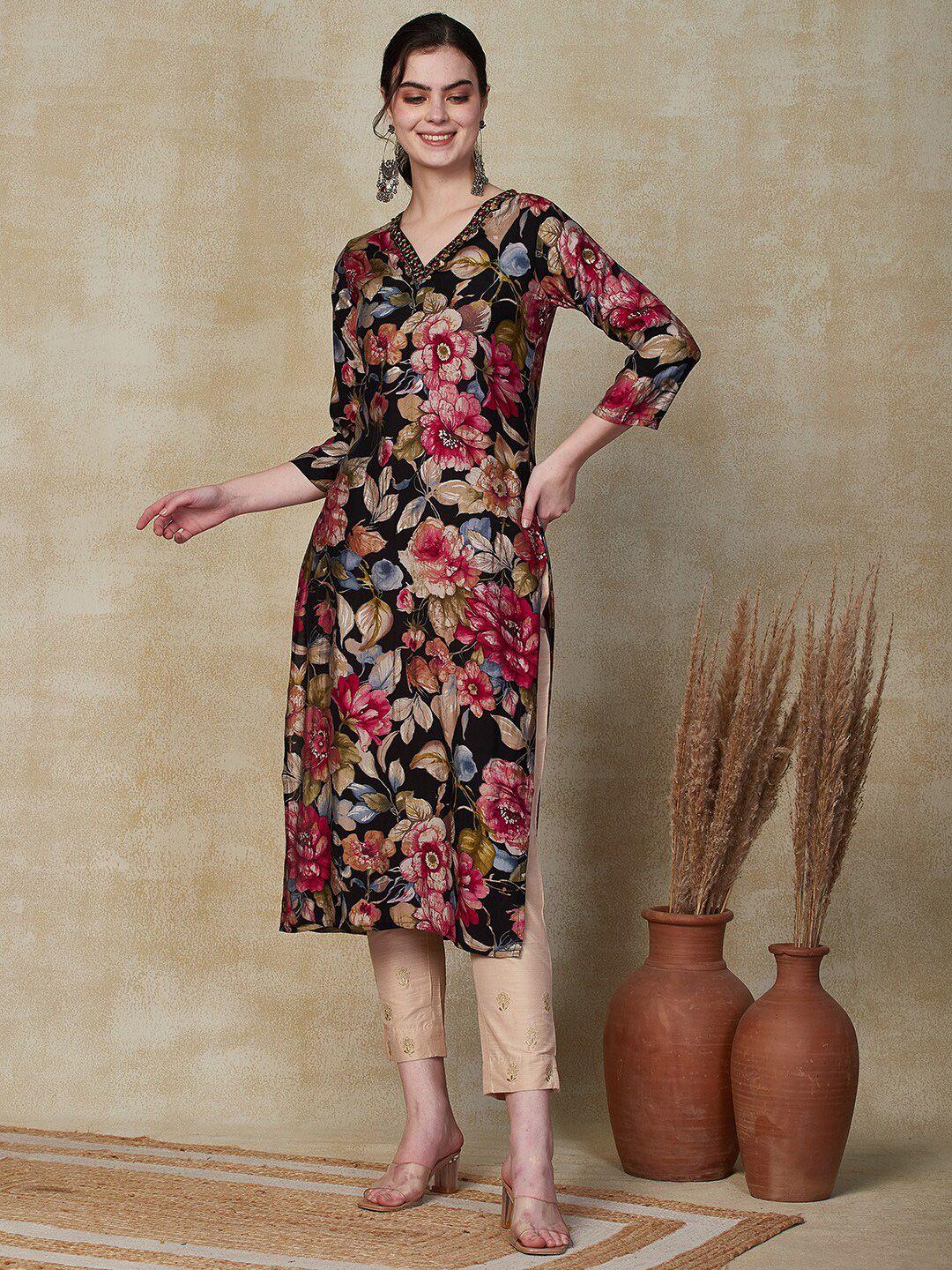 fashor floral printed thread work straight kurta