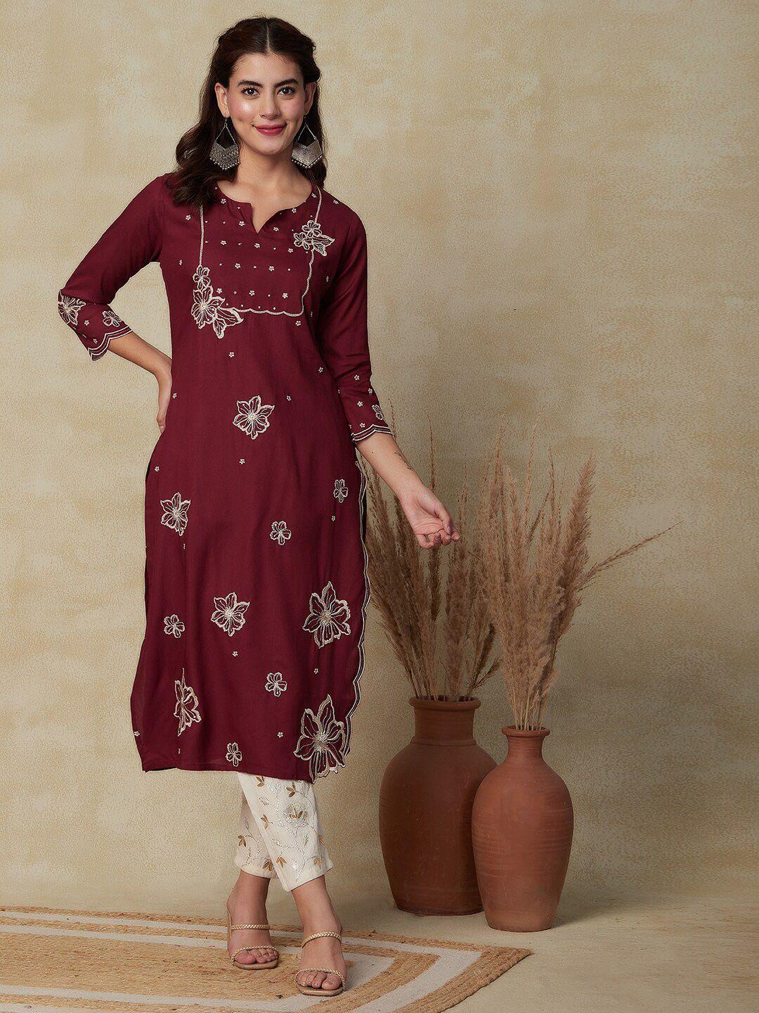 fashor floral embroidered thread work scalloped straight kurta