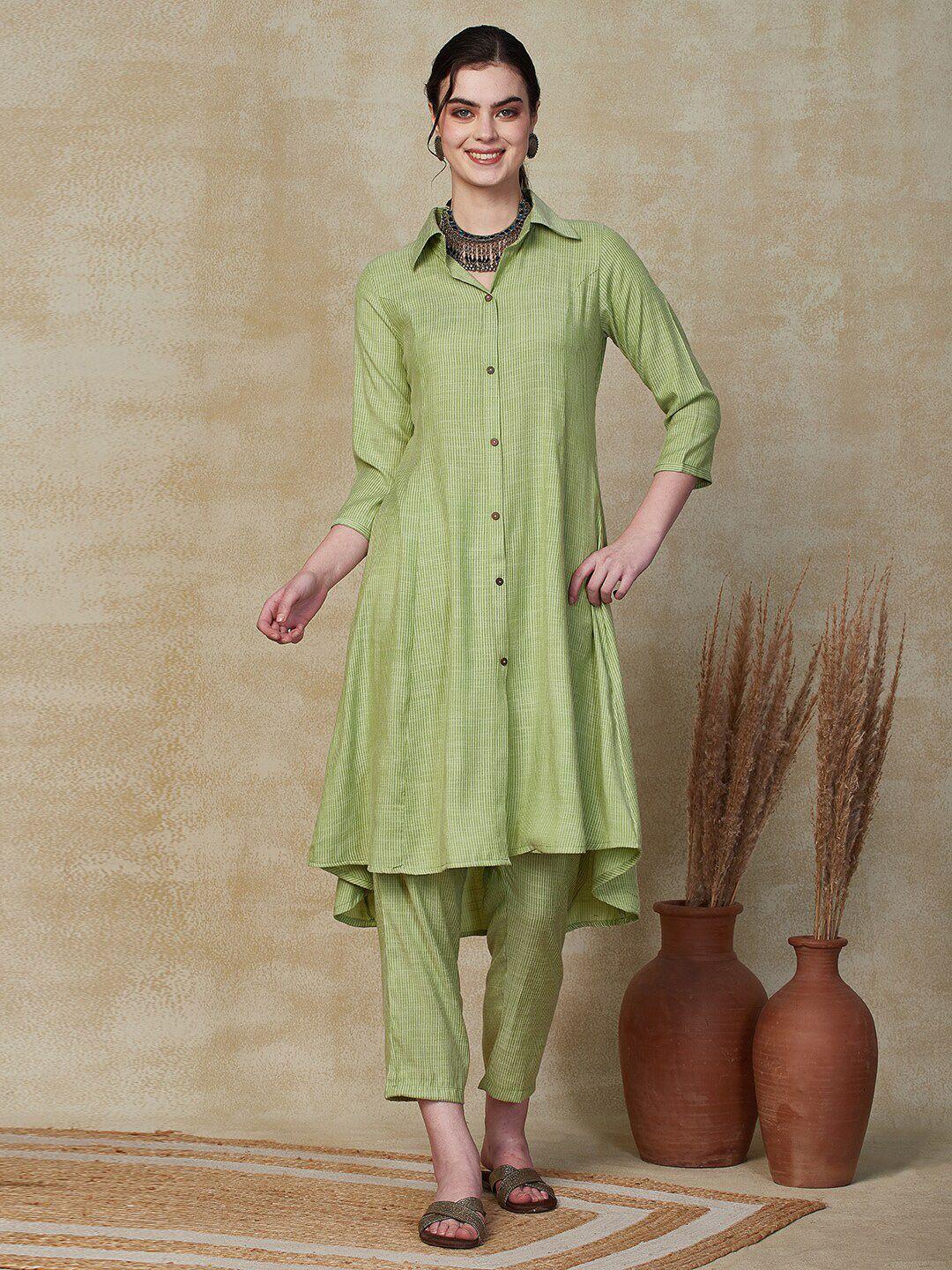 fashor striped shirt collar panelled knee length a-line kurta with trousers