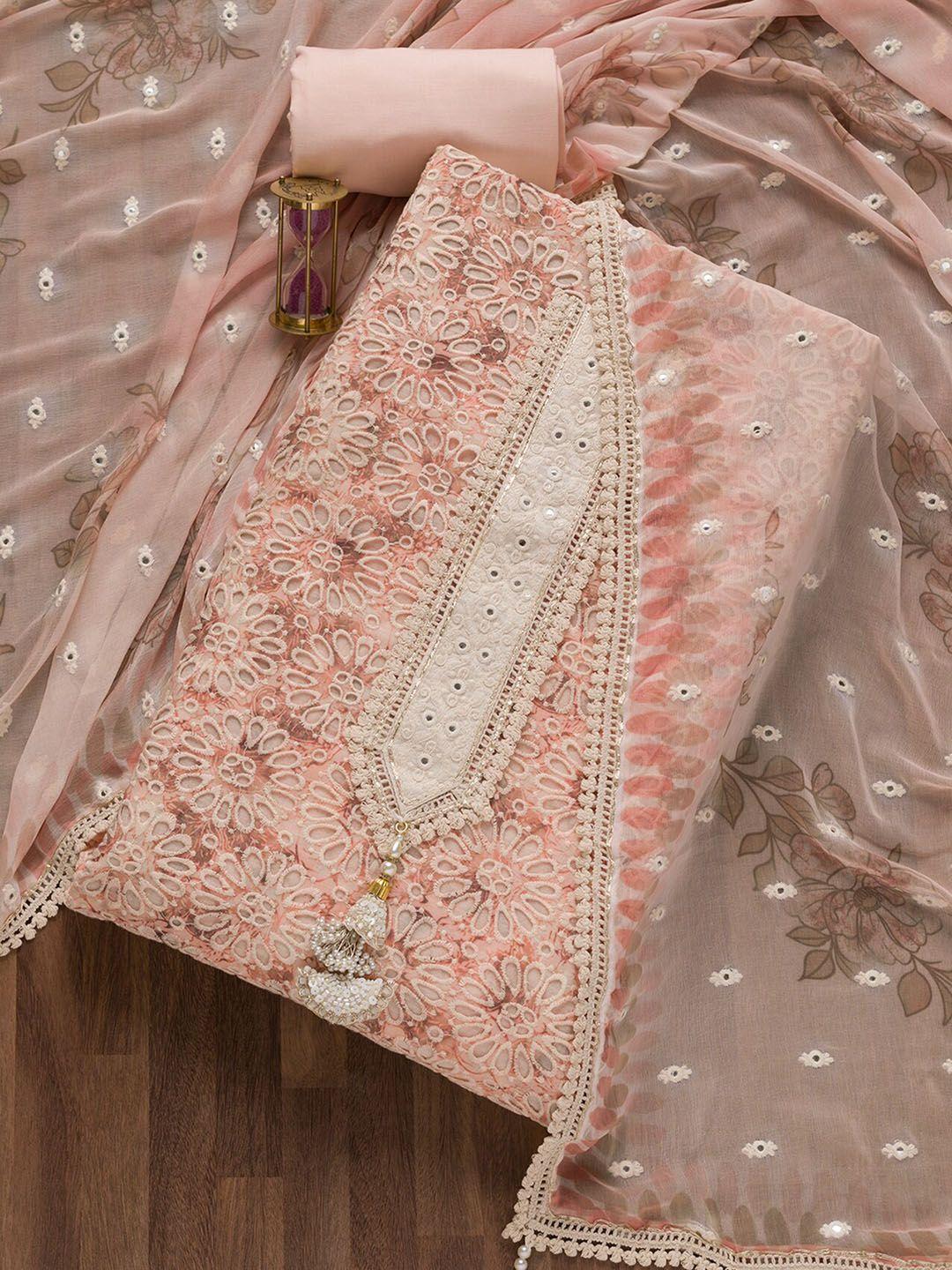 koskii peach-coloured & white embroidered pure cotton unstitched dress material