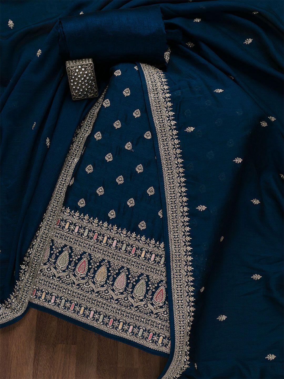 koskii blue & silver-toned embroidered raw silk unstitched dress material