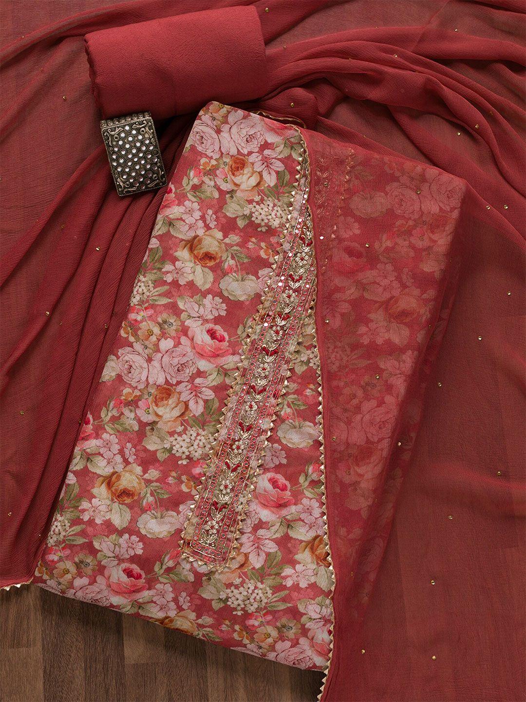 koskii red & beige printed unstitched dress material