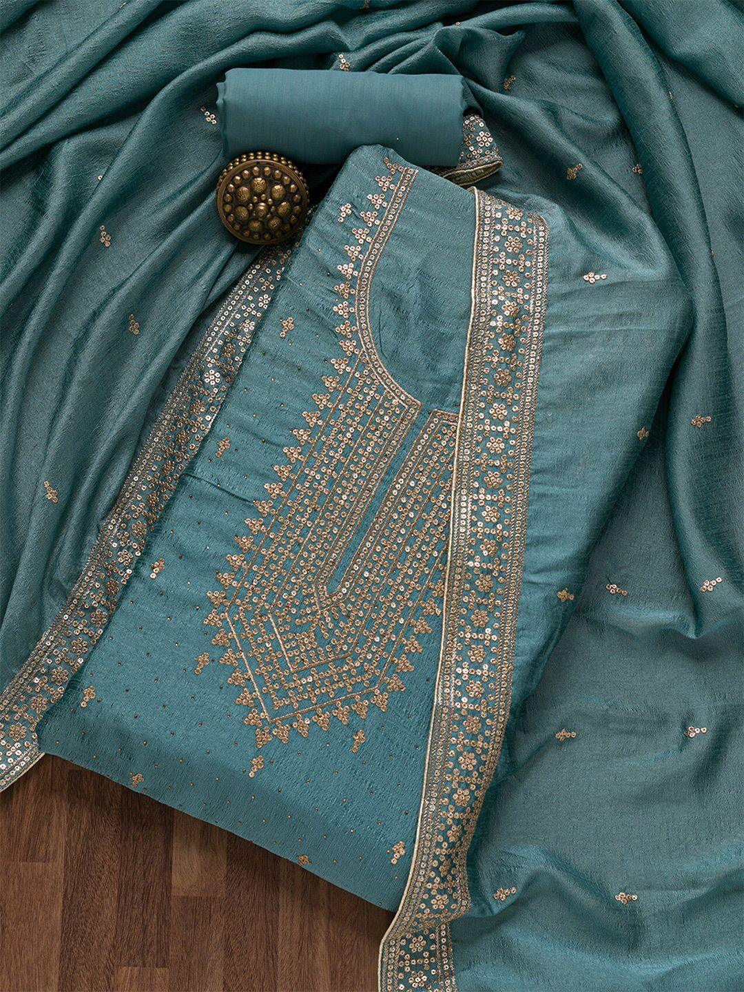 koskii blue & gold-toned embroidered raw silk unstitched dress material