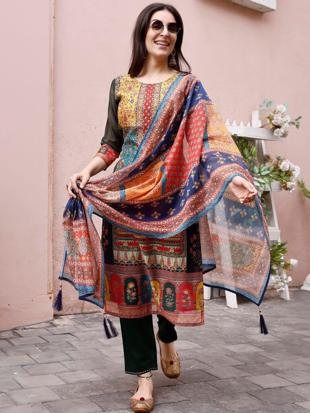 kalini ethnic motifs printed regular thread work chanderi silk kurta with trousers & with