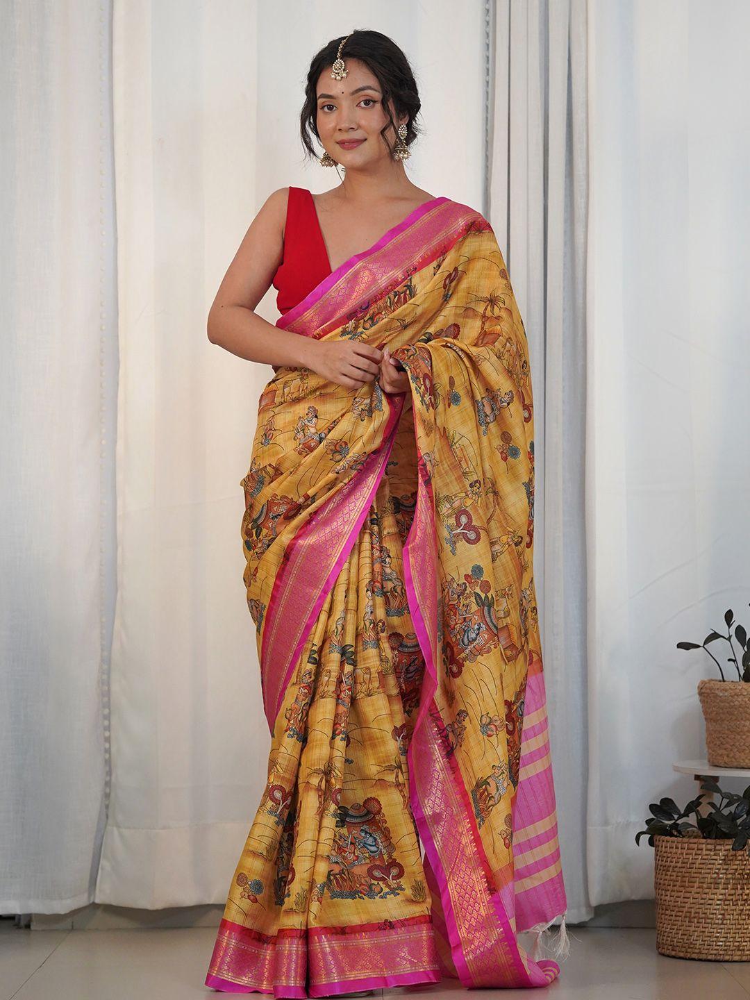 munir kalamkari zari silk blend ikat saree