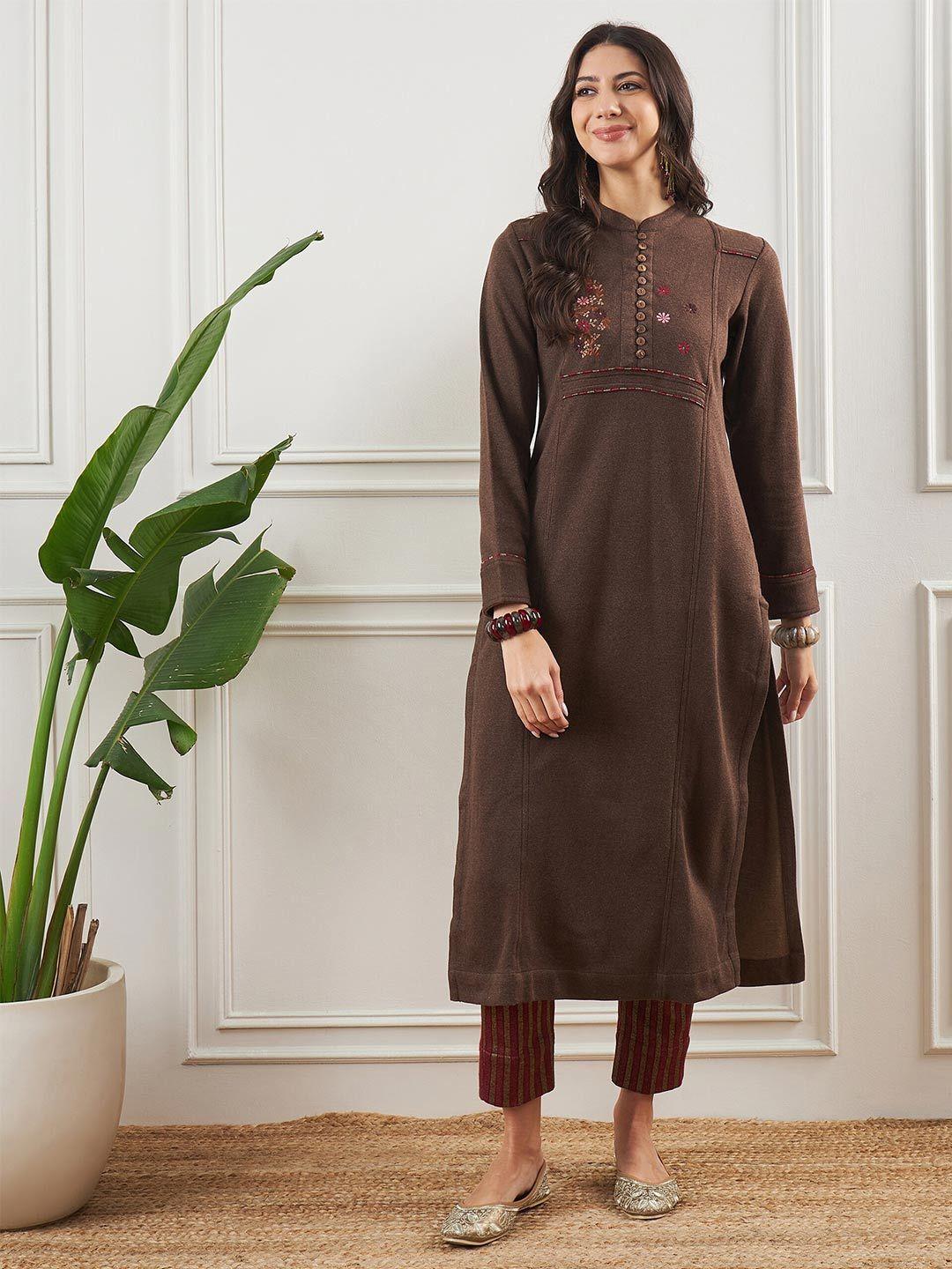 stado floral yoke design round neck straight kurta with pyjamas