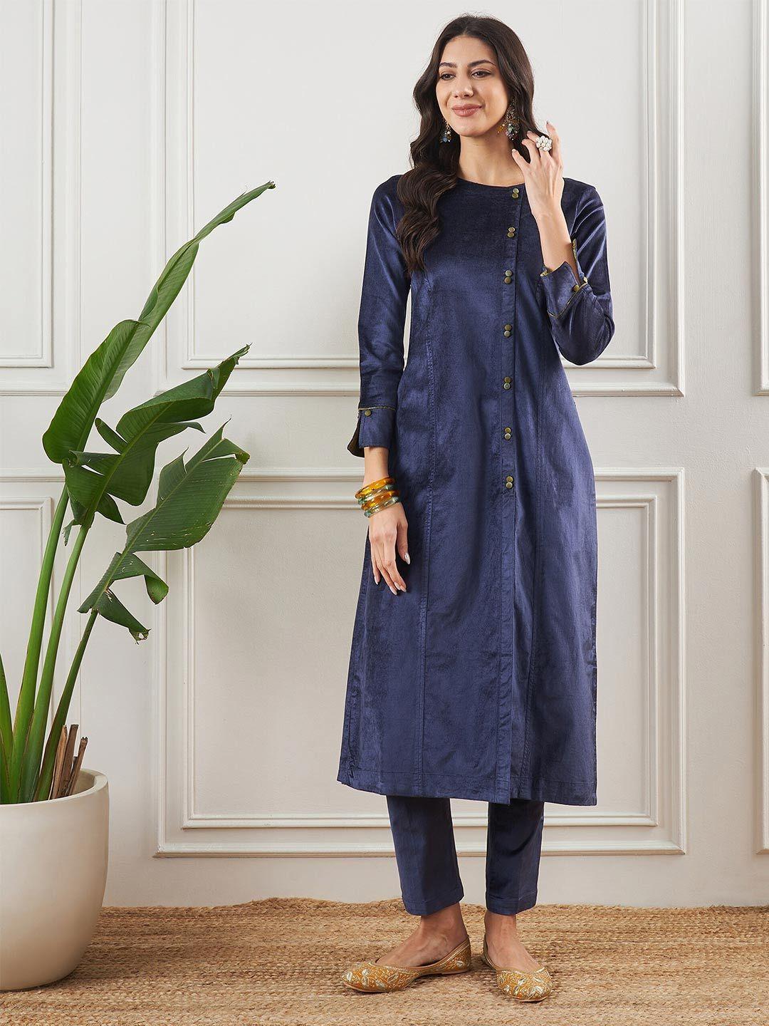 stado women navy blue regular kurta with trousers