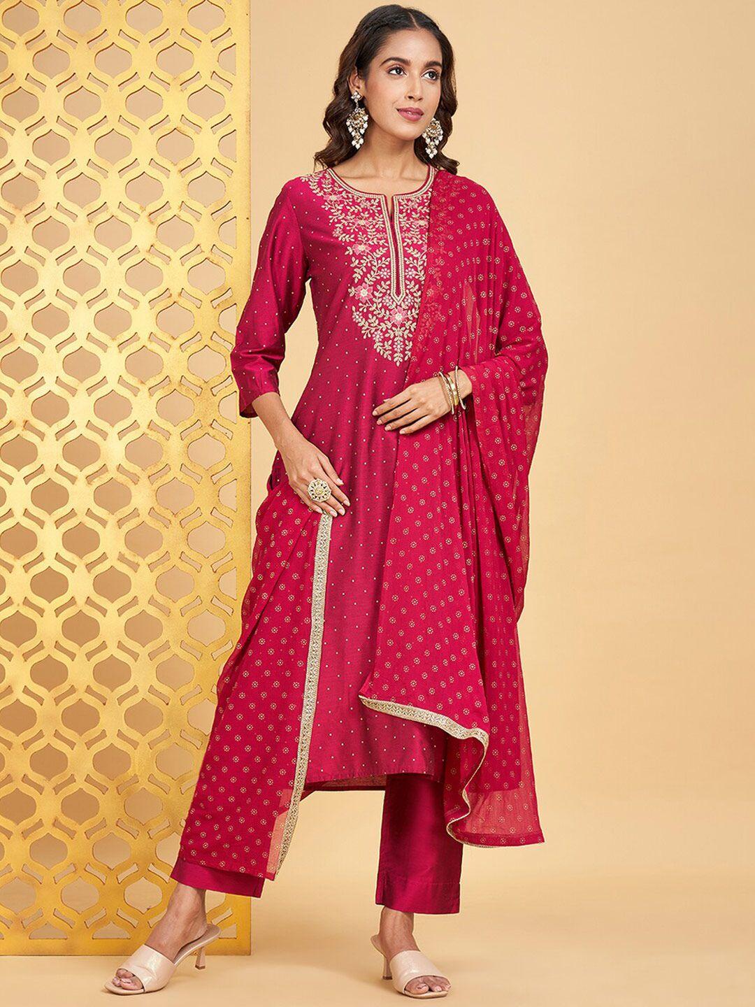 rangmanch by pantaloons zari embroidered round neck straight kurta with trouser & dupatta