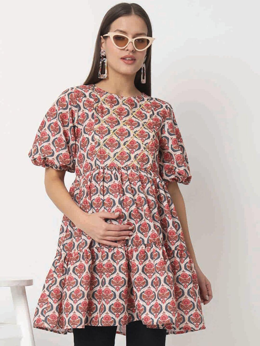 angloindu ethnic motifs printed round neck maternity a-line top