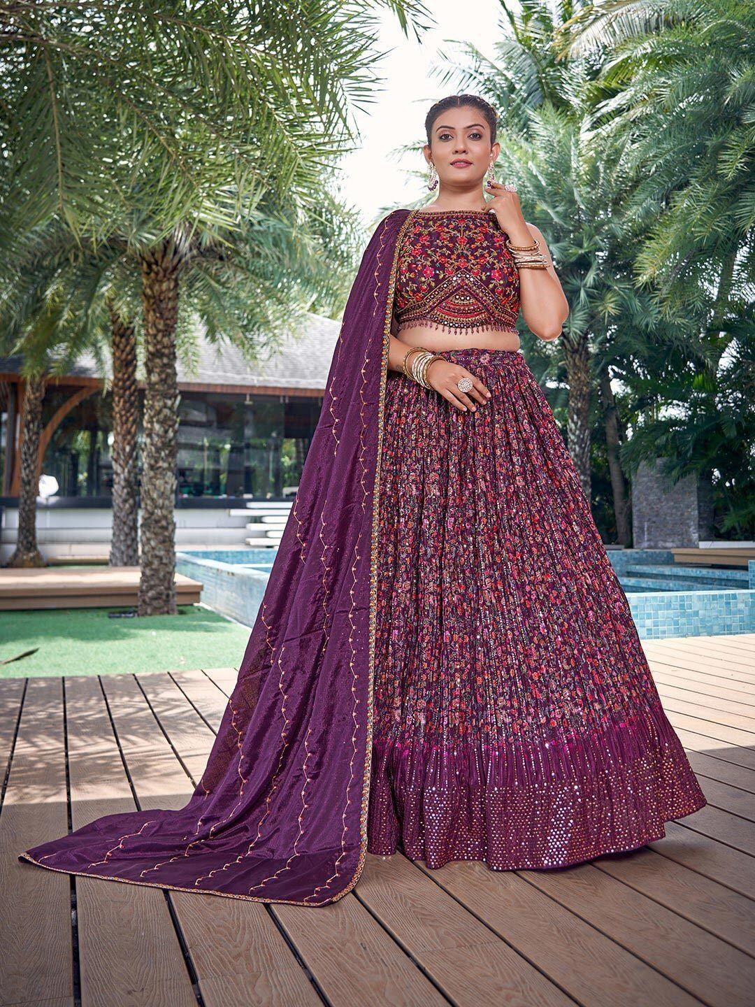 chandbaali burgundy & red embroidered mukaish ready to wear lehenga & blouse with dupatta