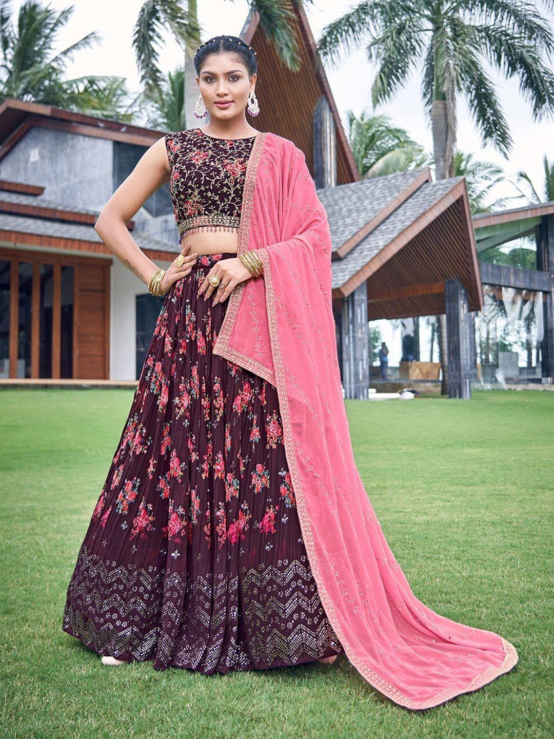 chandbaali brown & pink embroidered mukaish ready to wear lehenga & blouse with dupatta