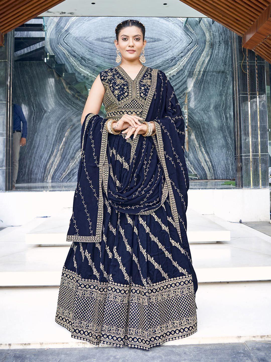 chandbaali navy blue & gold-toned embroidered thread work ready to wear lehenga & blouse with dupatta