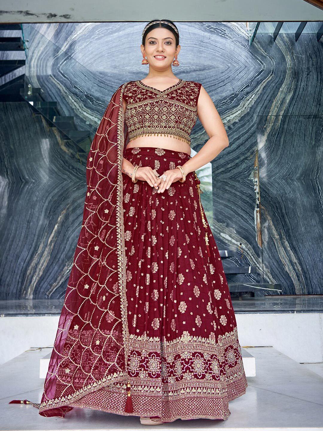 chandbaali maroon & gold-toned embroidered thread work ready to wear lehenga & blouse with dupatta