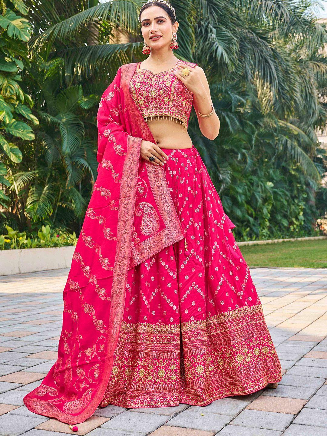 chandbaali pink & gold-toned embroidered thread work ready to wear lehenga & blouse with dupatta