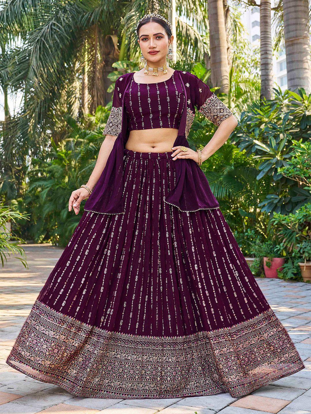 chandbaali burgundy & gold-toned embroidered thread work ready to wear lehenga & blouse with dupatta